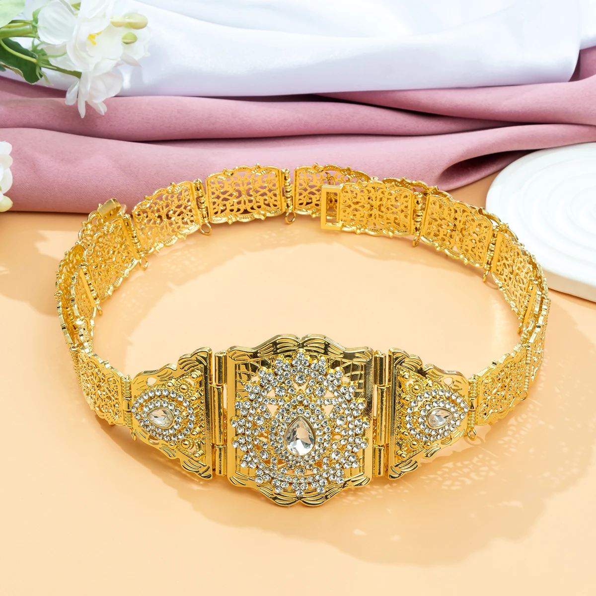 Chic Kaftan Belt Jewelry Cutout Pattern Carved Drop Gemstone Moroccan Bridal Wedding Dress Waist Chain Accessories Adjustable