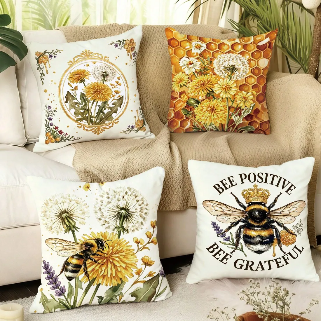 4pcs Watercolor Bee & Dandelion Illustration Print Pattern Throw Pillow Covers Polyester Material Pastoral Style Cushion Covers