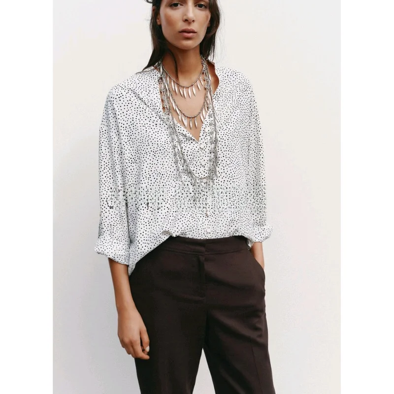 

Autumn New Arrival Women's Casual Sle Button Decorated V-ne Long Sve irt Polka Dot Loose Fit Breathable Polyester