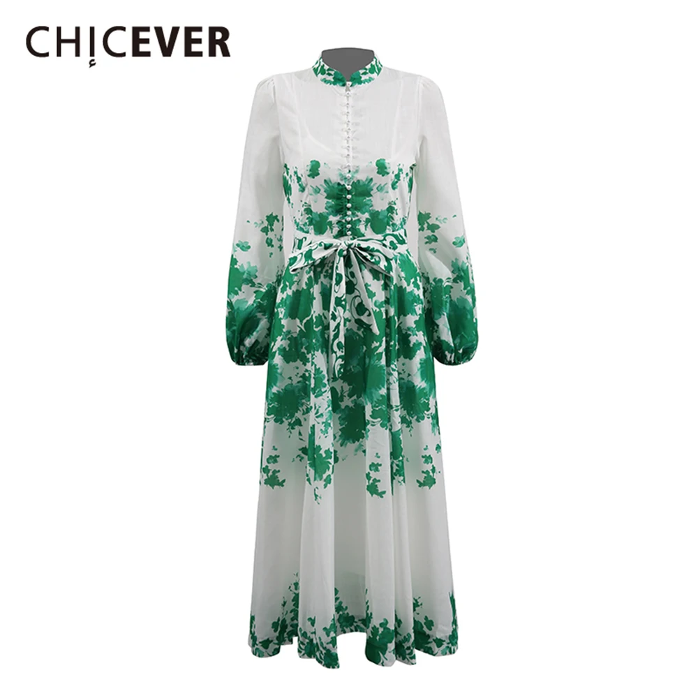 

CHICEVER Elegant Printing Mid Dress for Women Stand Collar Long Sleeve High Waist Spliced Lace Up Arabic Dresses Female Clothing