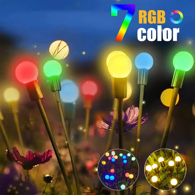 Outdoor RGB Color Lights LED Solar Garden Lamp Firefly Lights IP65 Waterproof Vibrant Swaying Lights Pathway Patio Decoration