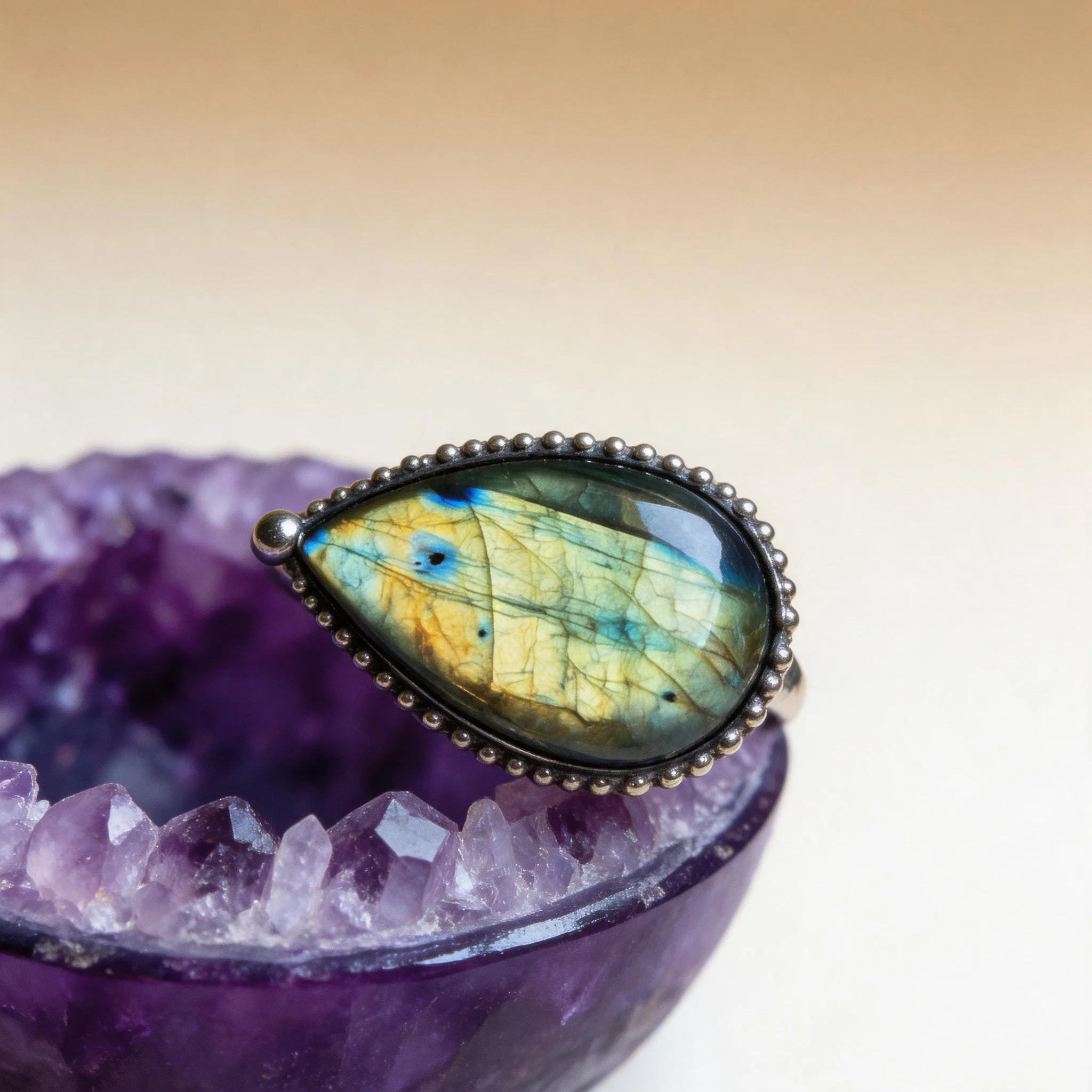 Adjustable Tear Drop Labradorite Ring, Flash Stone with Blue Green Fire, Handmade Soldered Bezel & Oxidized Antique Silver Plate
