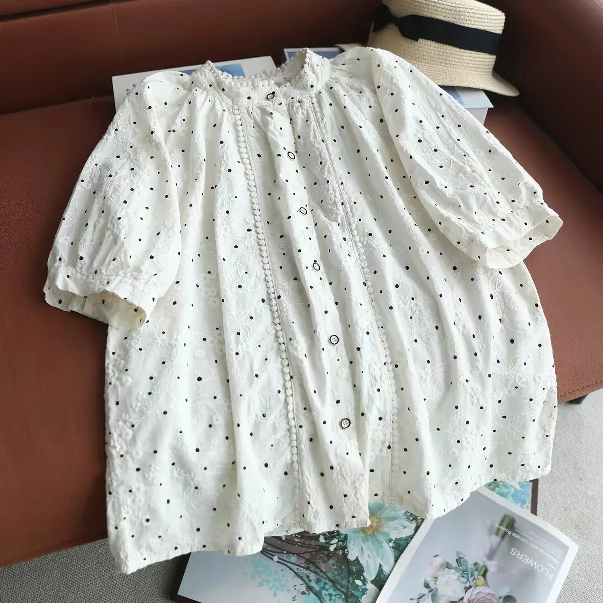 2026 Women Japanese Style Polka Dot Eyelet Embroidery Blouse Scalloped Lace Trim Short Sleeve Cottagecore Cotton Shirts
