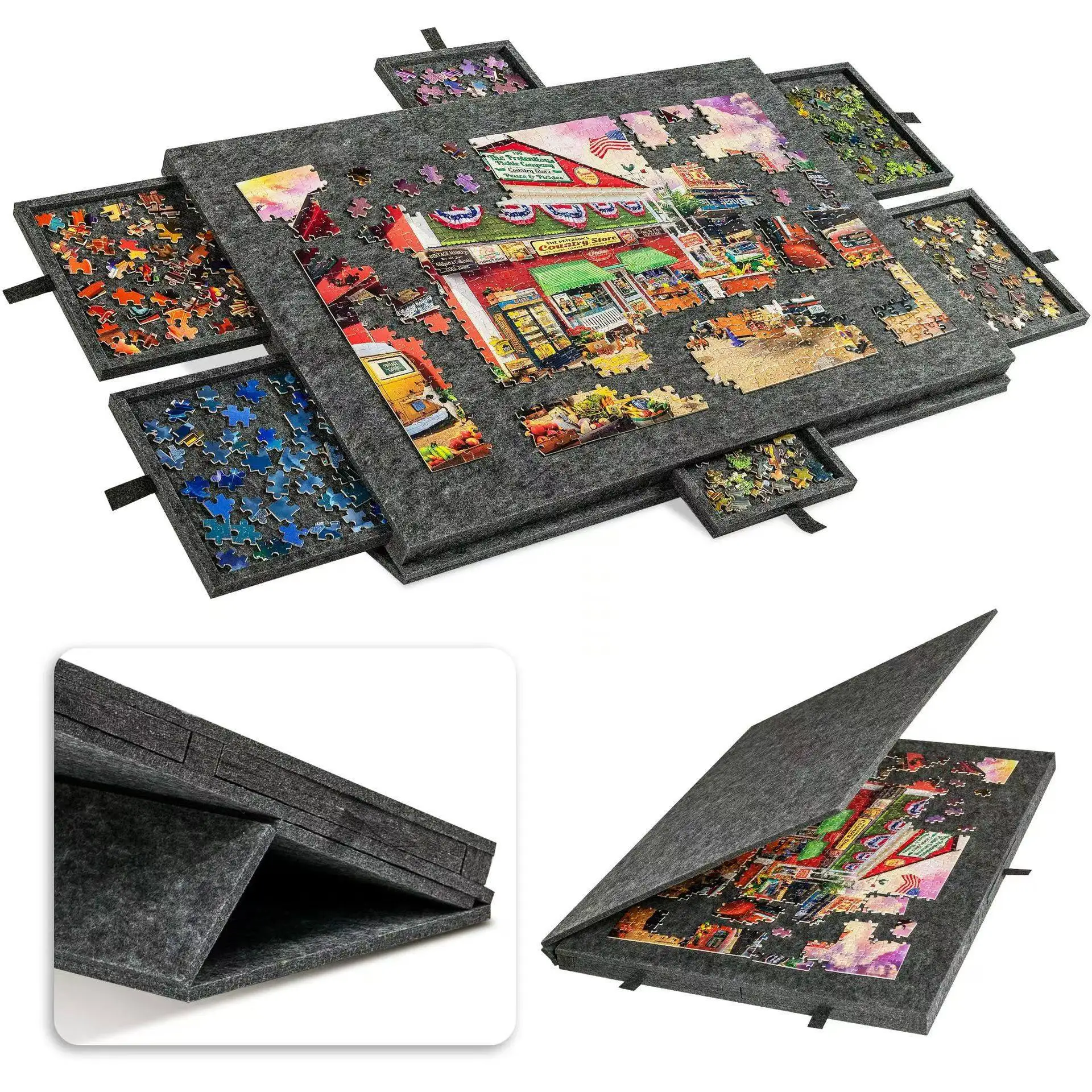 Planche de puzzle inclinable 1000 pièces avec support et couvercle 2-en-1, étui de rangement portable léger en feutre avec 6 tiroirs pour adultes