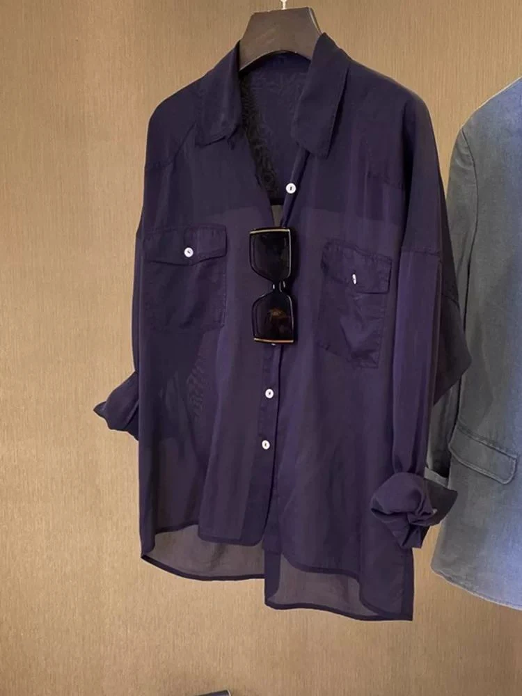 

plus Size Women's Casual Long Sleeve Sun Protection Shirt Spring Summer Purple Top for Vacation Comfortable Korean Style Loos...