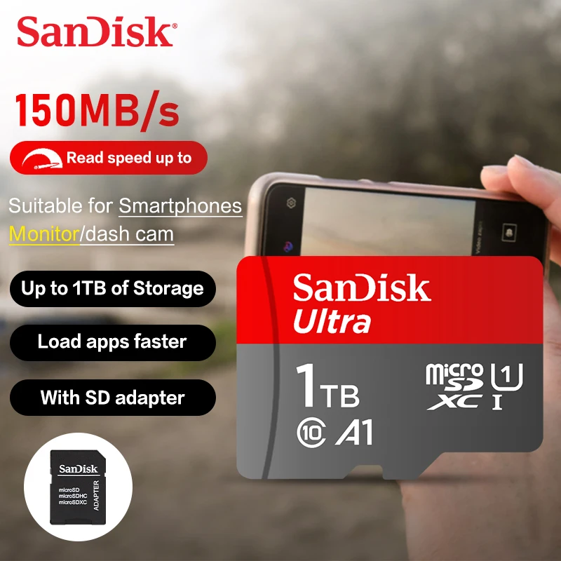 SanDisk-Ultra Memory Card, A1, U1, C10, Micro SDXC, Velocidade de leitura, até 150 Mbps, 32GB, 64GB, 128GB, 256GB, 512GB, 1TB