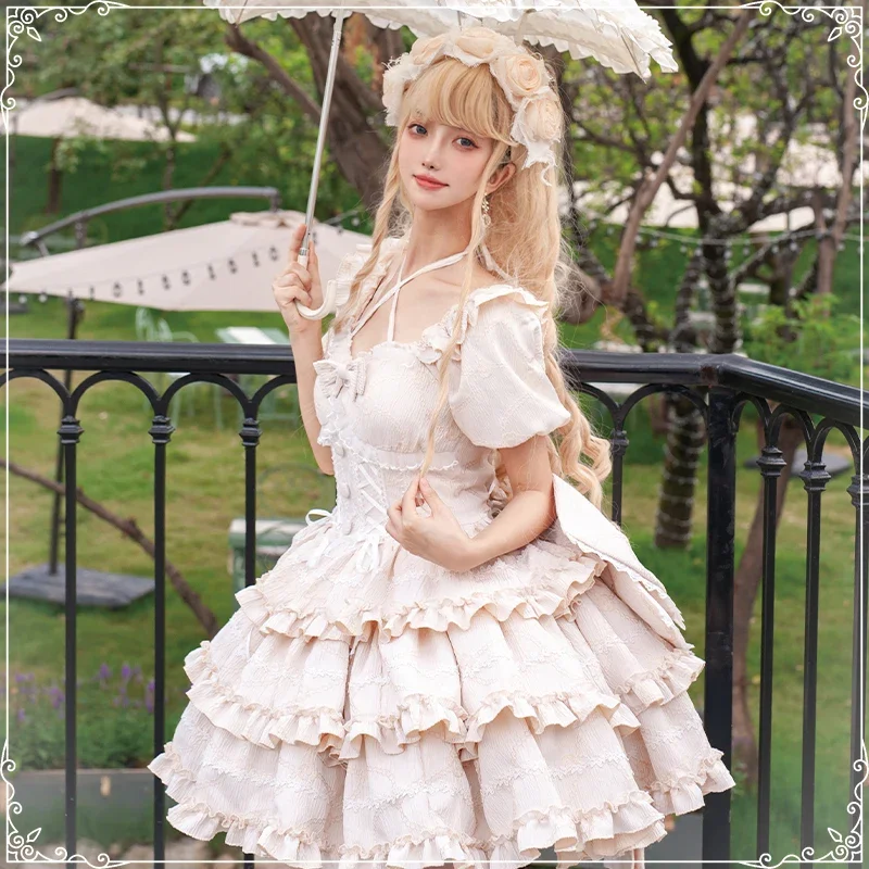 French Romantic Style Lolita Op Elegant Girl Cosplay Princess Puff Sleeve Ribbon Bowknot Flower Tunic Mesh Fantastic Fairy Dress