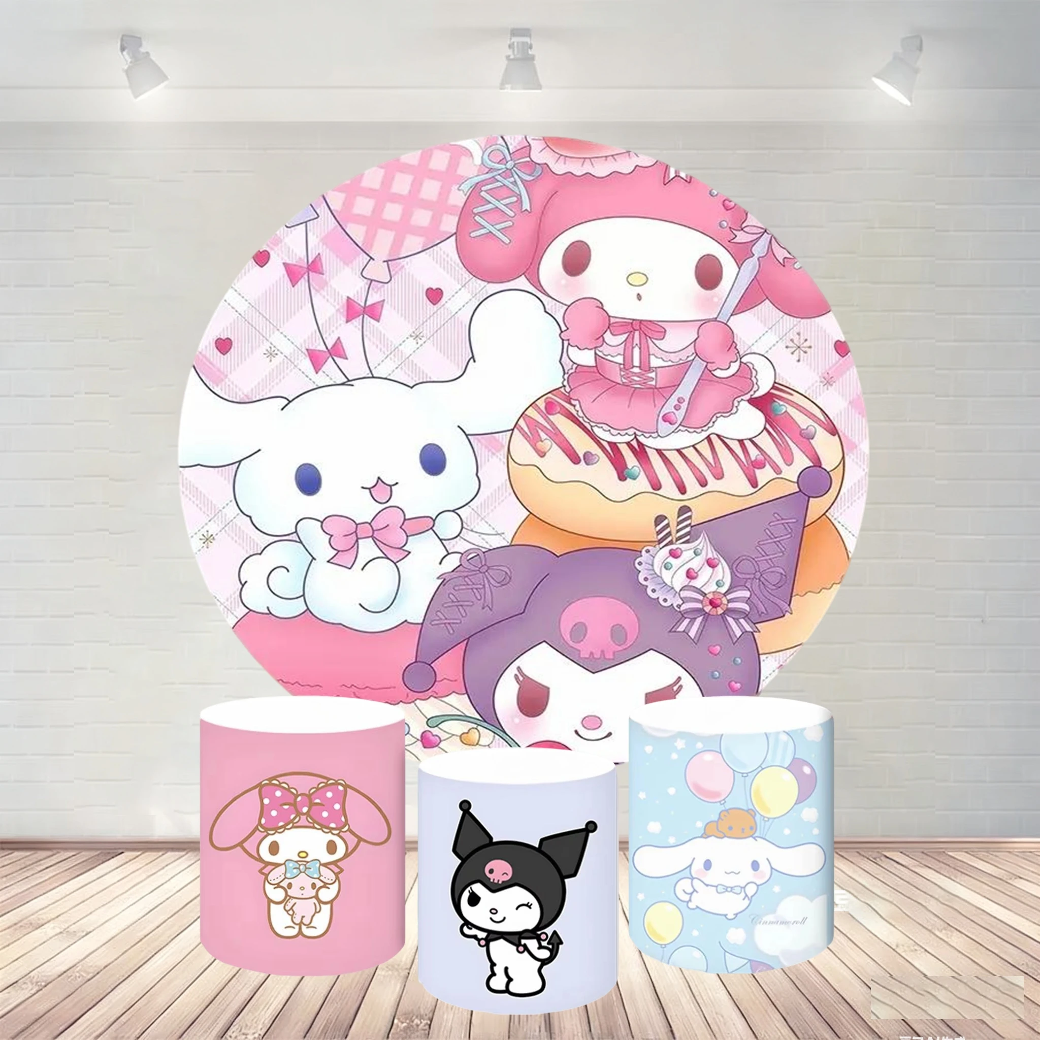 

Sanrio Theme Cylinder Cover And Round Background With Kuromi Cinnamon Dog Cartoon Pattern For Children Birthday Party Photogra