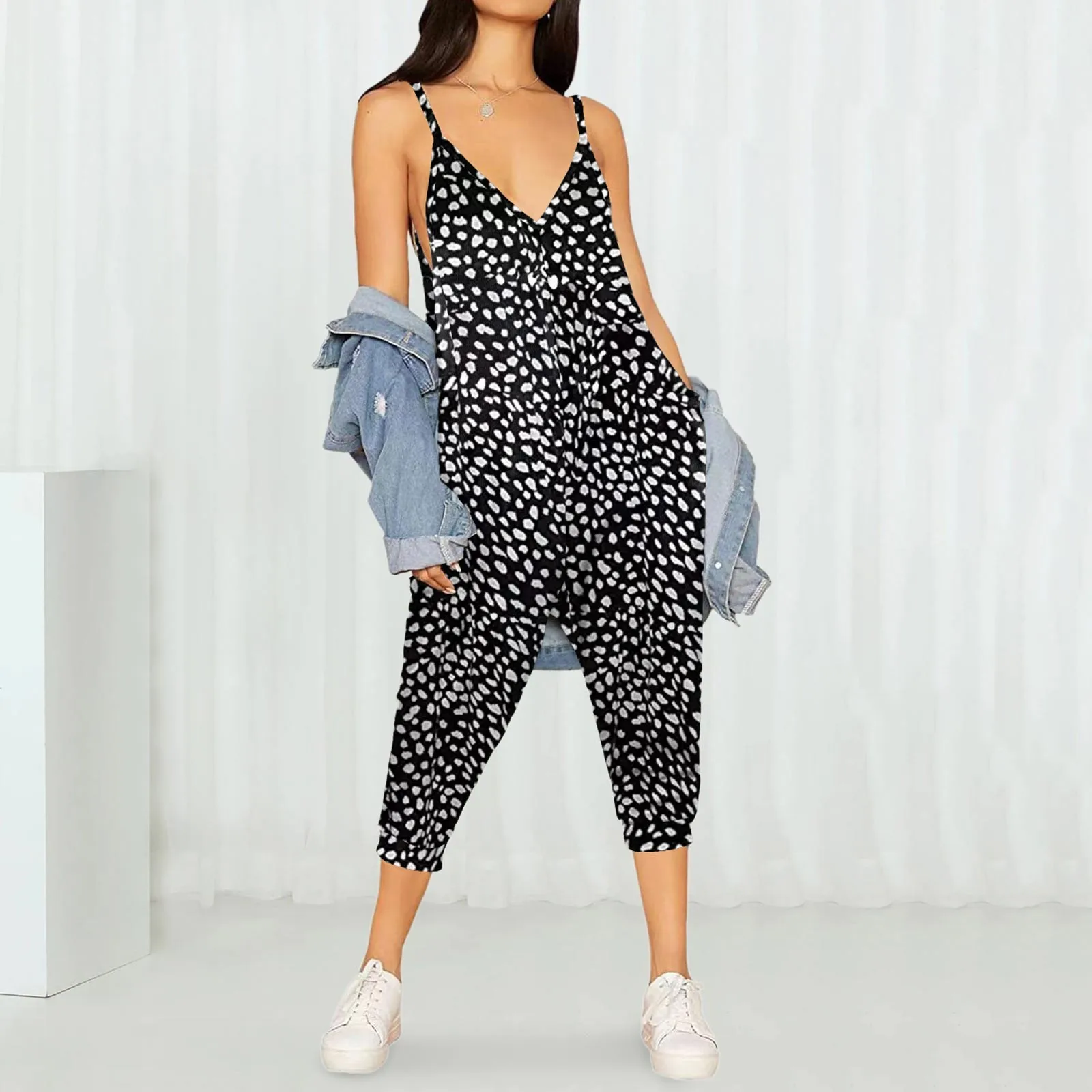 

Women Strap Loose Jumpsuit Romper Boat Neck Sleeveless Playsuits Wide-leg Trousers Solid Dungaree Bib Overalls Summer Outfits