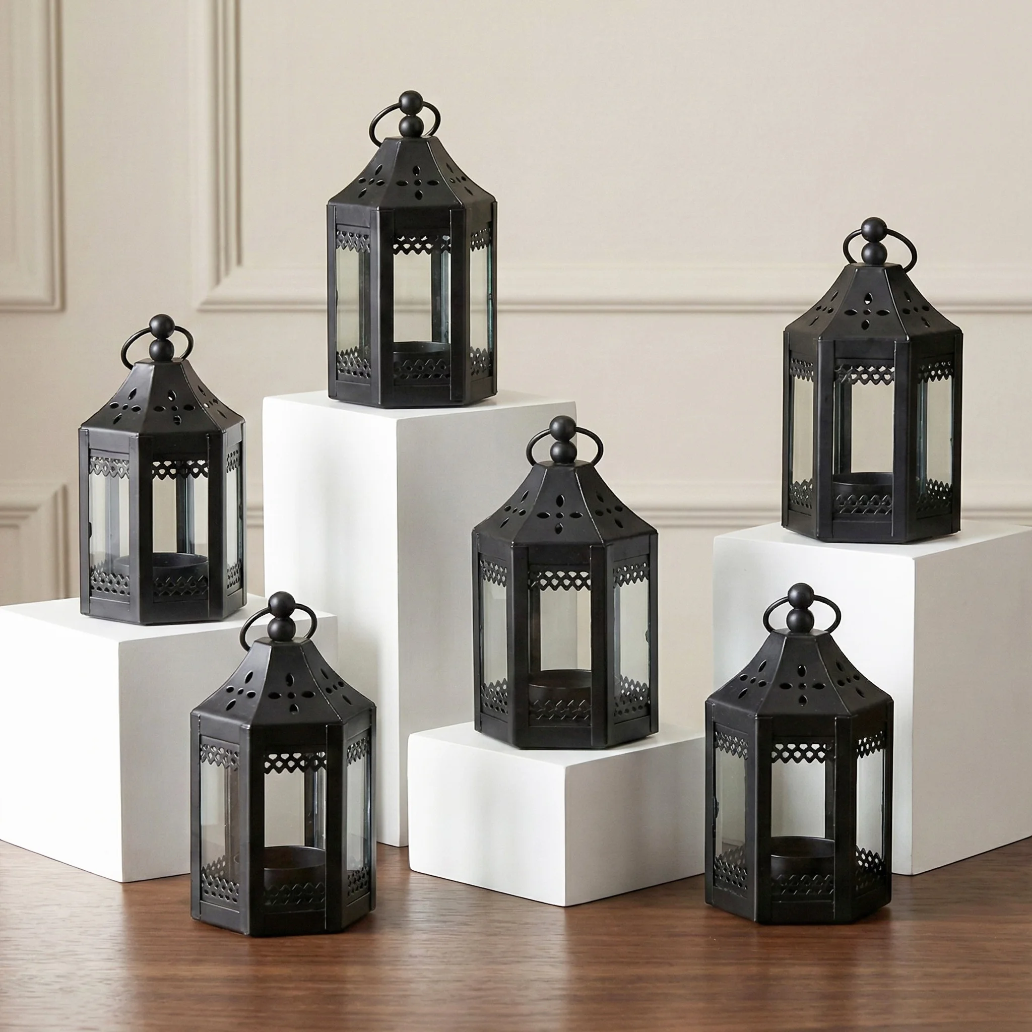 

Набор из 6 миниатюрных металлических марокканских фонариков (4,5 дюйма) для декоративных свечей и чайных свечей - для Рамадана, украшения стола, домашнего декора