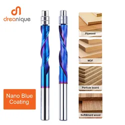 Dreanique 1pc Solid Carbide Bearing Guided 2 Flutes 1/4 Shank Flush Trim Nano Coated for Woodworking Up Cut Down Cut End Mill