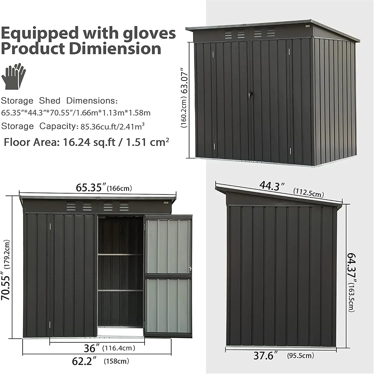 Backyard Sloping Roof Galvanized Steel Outdoor Metal Utility Tool Storage Shed with Lockable Door & Latches for Balcony (5x3ft),