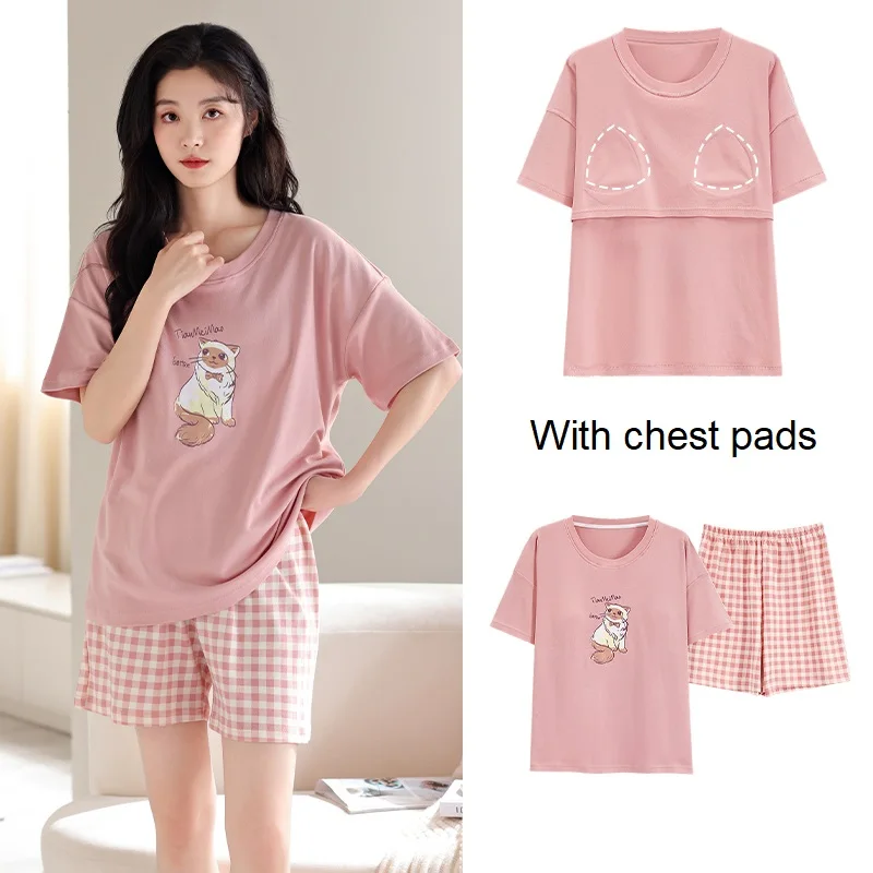 With Chest Pads Summer Pajamas Set Women Cotton Cartoon Fashion Women Short Sleeve Sleepwear Suit 2 piece Sexy Home Lounge Gifts