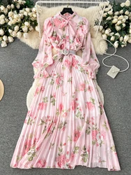 Spring Autumn Women Floral Print Chiffon Long Dress Elegant Bow Collar Ruffle Draped Maxi Vestidos Female Pink/Blue/Purple Robe