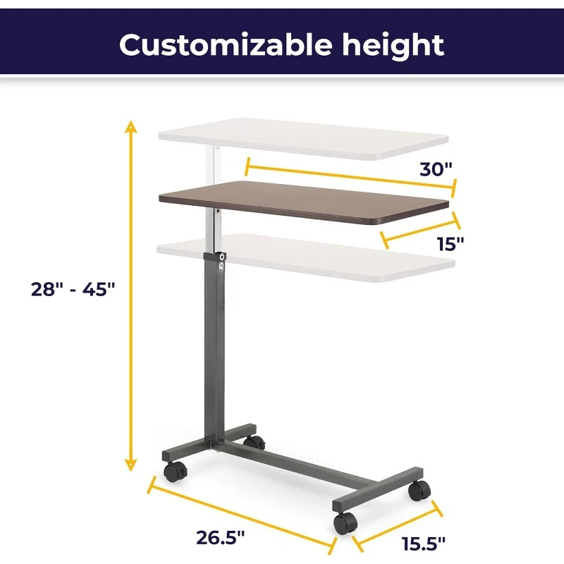 Non Tilt Top Overbed Table with Wheels, BedSide Table, Adjustable Overbed Rolling Table, Adjustable Standing Desk