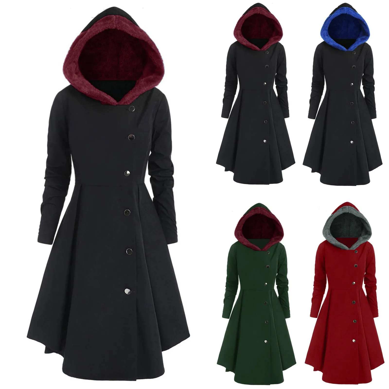 Women\'s Plus Size Coat Long Sleeve Hooded Collar Single-breasted Asymmetrical Skirt Coat Elegant Autumn Winter Vintage Overcoat