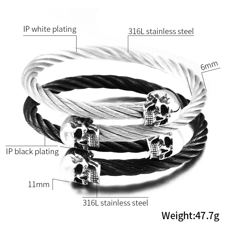 Edelstahl Doppel-Totenkopf Armband Vintage Skelett Offener Armreif für Männer Frauen Punk Rock Biker Schmuck Bestes Geschenk Dropshipping – Detail 3
