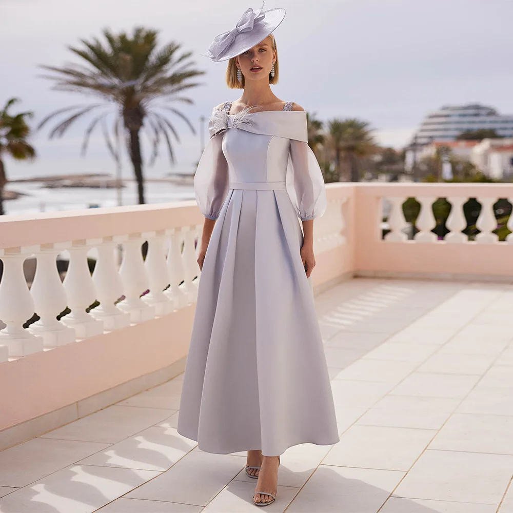 فستان أم العروس مخصص بدون أكتاف مطرز باللؤلؤ 3/4 الأكمام على شكل حرف A من الساتان لحفلات الزفاف #4