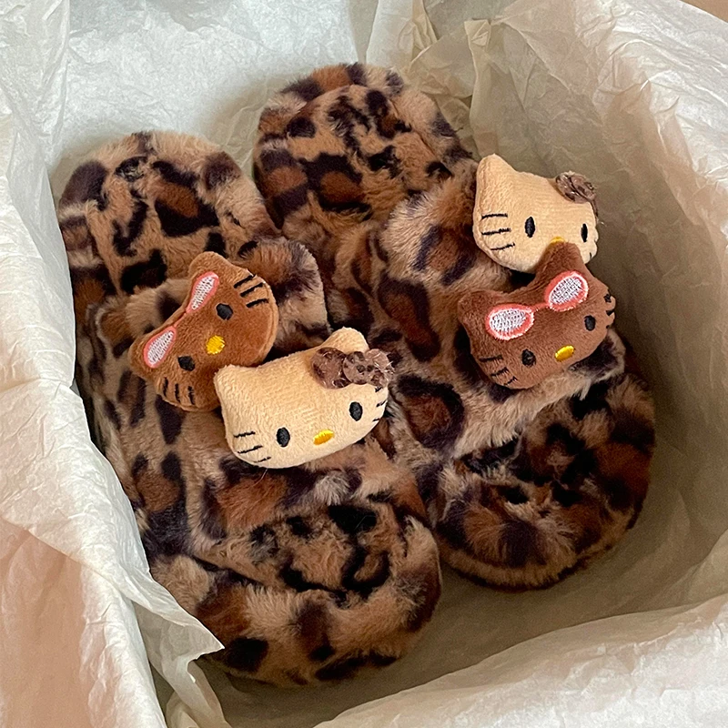 Kitty Leopard Print Fur Slippers For Girls Indoor Home Cotton Slippers Can Be Worn Externally Thick Soled Non Slip Straight