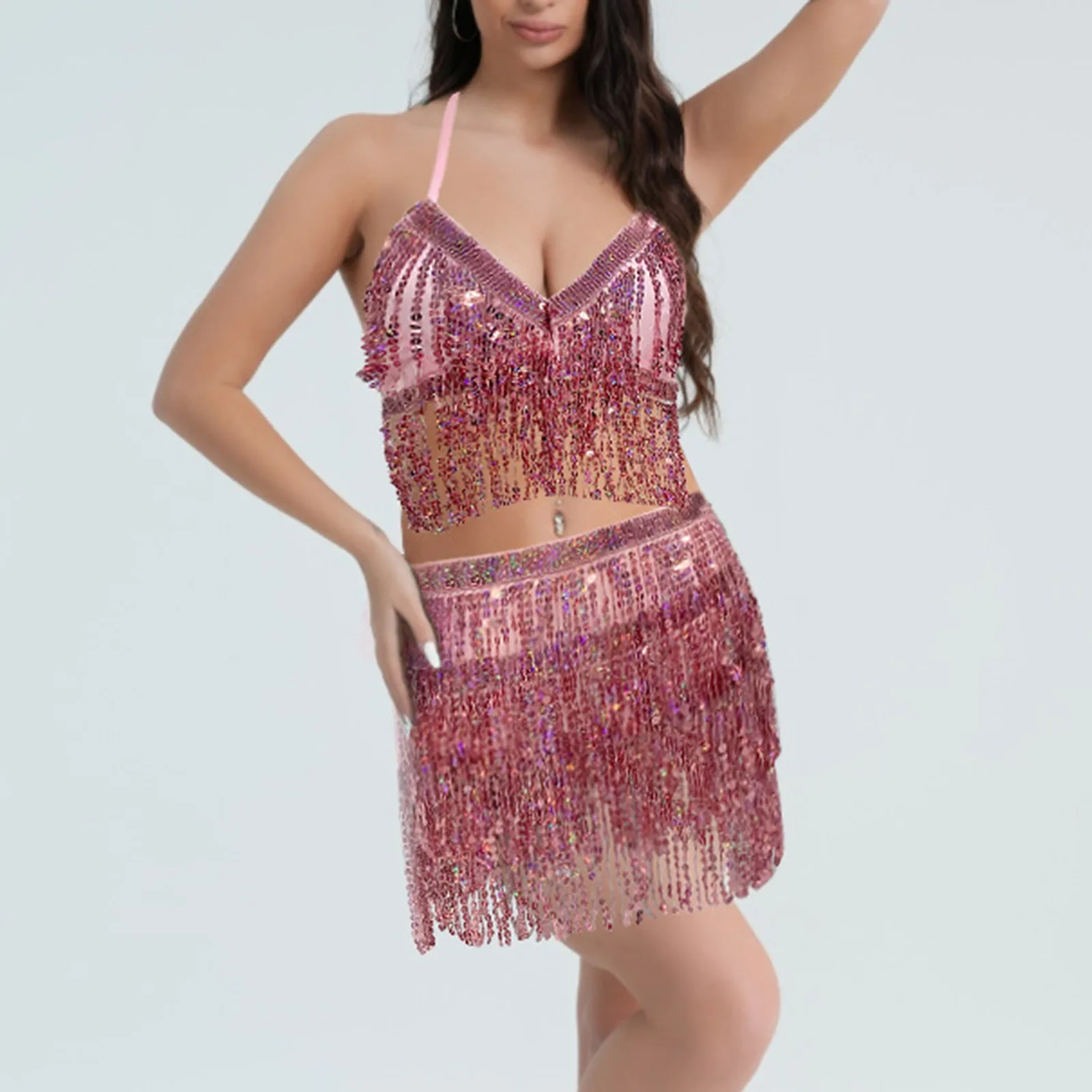 Belly Dance Latin Sequin Fringe Halter Top and Hip Skirt women Sexy Party Stage Performance Cloth Wear Festival Carnival Outfit