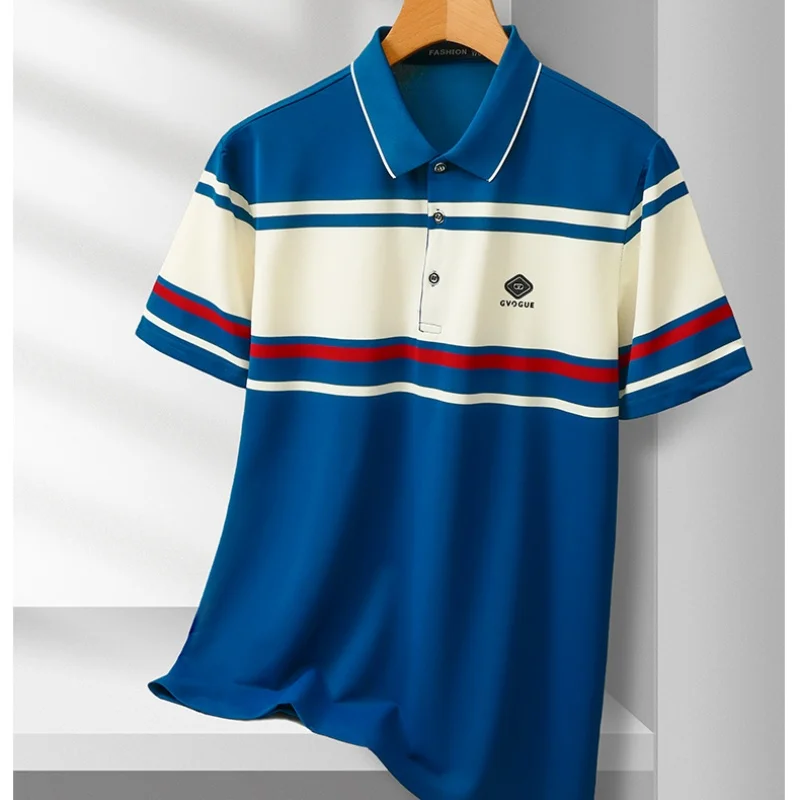 Summer New Men's Cool Breathable Short Sleeve Lapel T-shirt Trendy Color Blocked Printed Polo Shirt Exquisite Leisure Men's Wear
