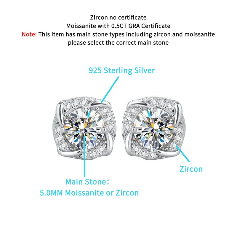 

JH 0.5CT 925 Sterling Silver Moissanite Four-Leaf Clover Stud Earrings For Women Men Earrings D VVS1 Fine Jewelry Lab Diamond