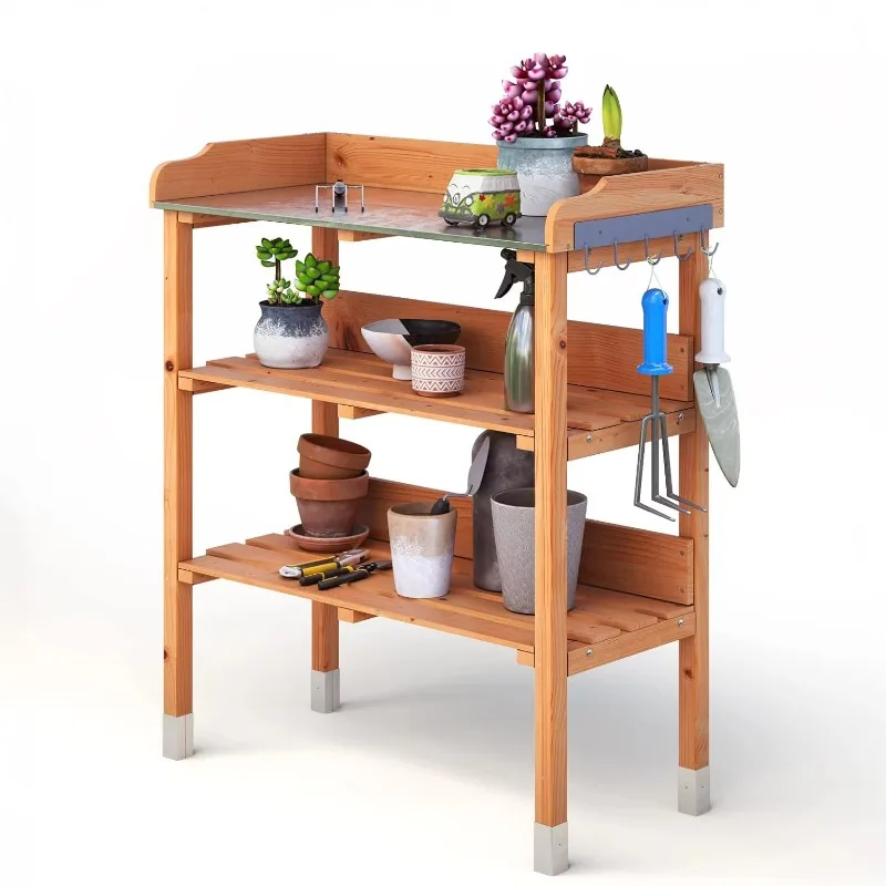 

Non-Slip Outdoor Potting Bench with 3 Wide Shelves and Metal Tabletop for Flower Pots & Planters