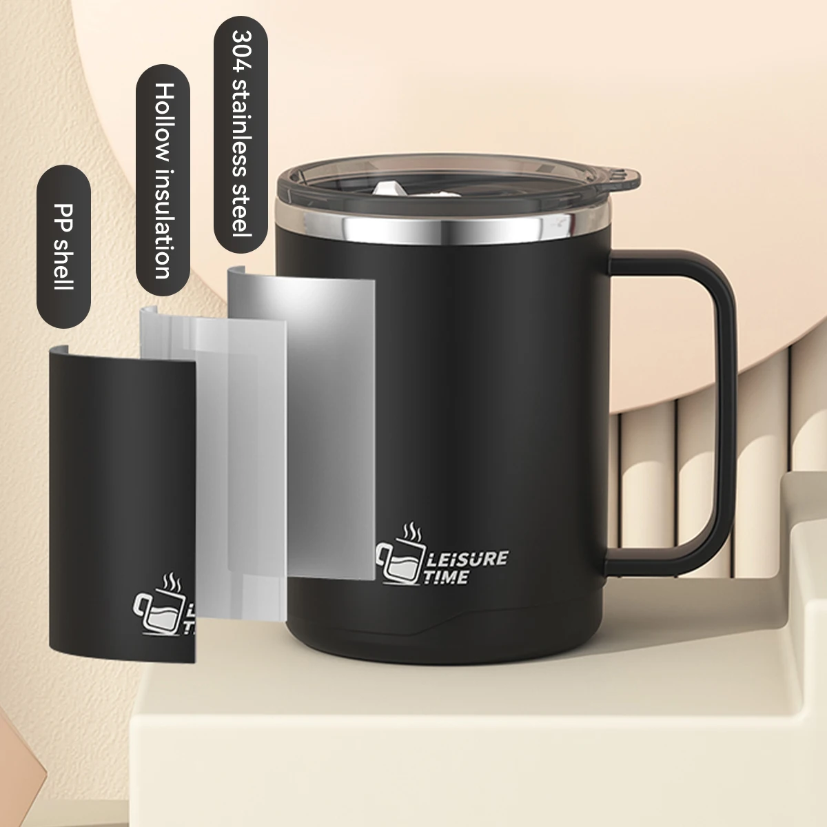 WORTHBUY كوب قهوة معزول بجدار مزدوج من الفولاذ المقاوم للصدأ بمقبض كوب ماء محكم الغلق محمول كوب شرب بسعة كبيرة