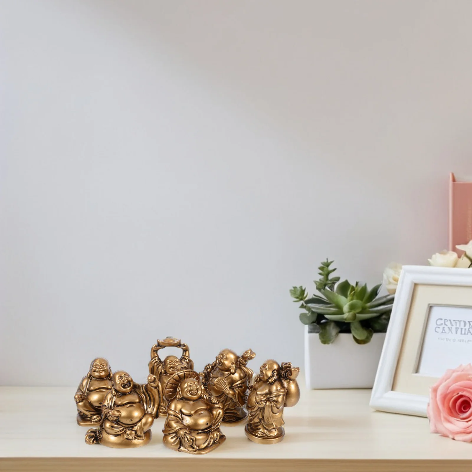 6 قطعة تمثال بوذا يضحك الراتنج منحوت بشكل معقد صغير السعادة بوذا زخرفة فنغ شوي الثروة الازدهار النحت زن