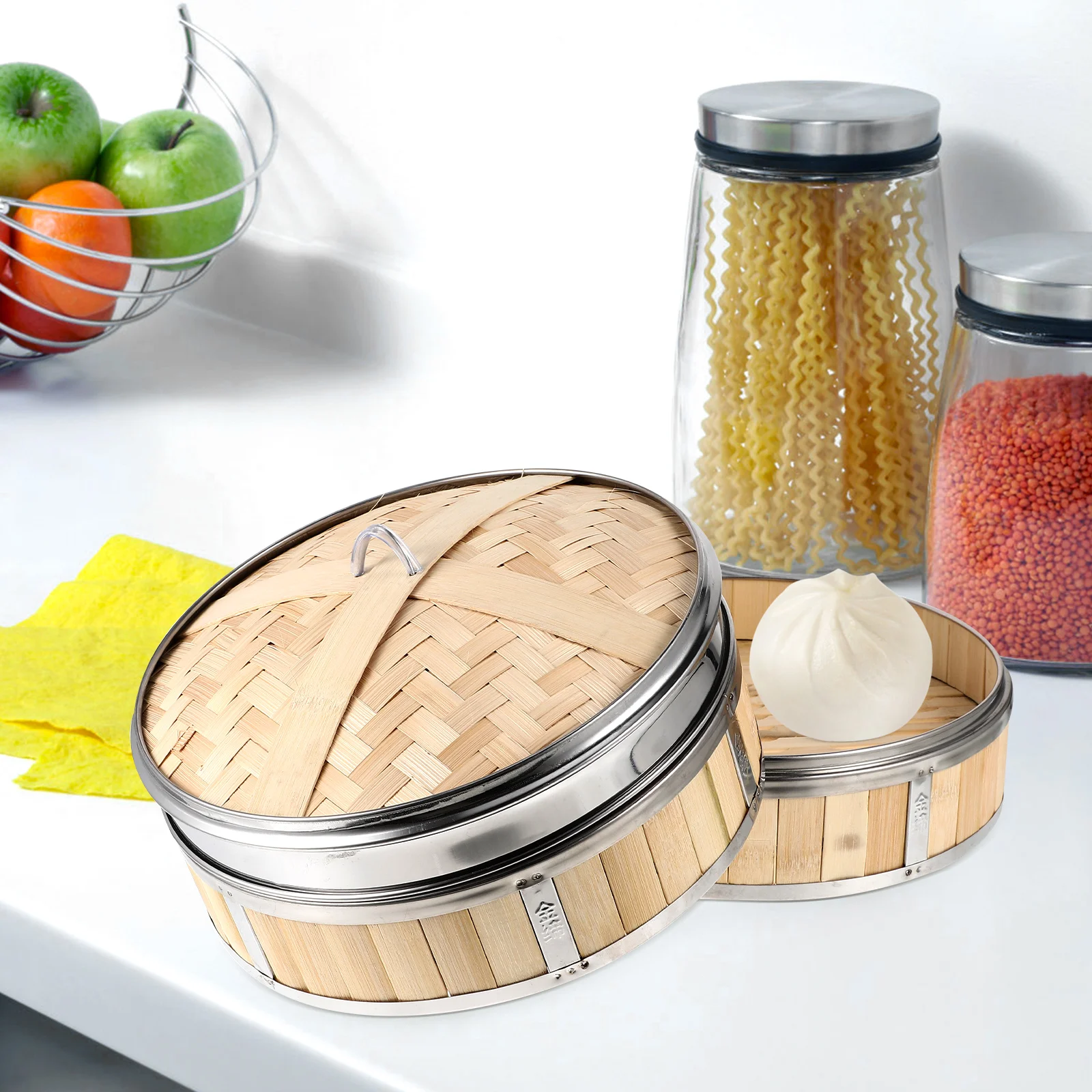 

Bamboo Steamer Basket 26cm 2 Stainless Steel Cover Heat Resistant Multi Function Dumpling Rice Vegetable Steamer Food Cooker