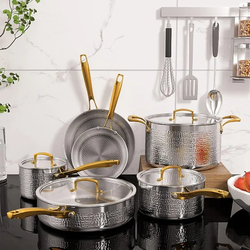 Pots and pans set, stainless steel hammered kitchen cookware, suitable for induction cooker, dishwasher and oven