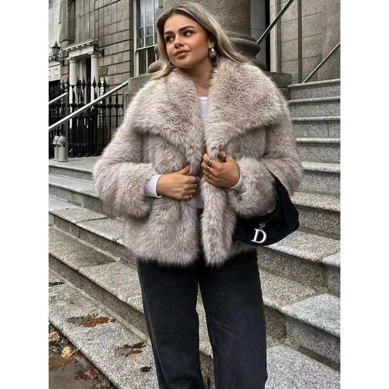 Effen nepbontjas voor dames - Herfst-winter reverskraag bovenkleding met lange mouwen, chique veganistische trenchcoatstijl