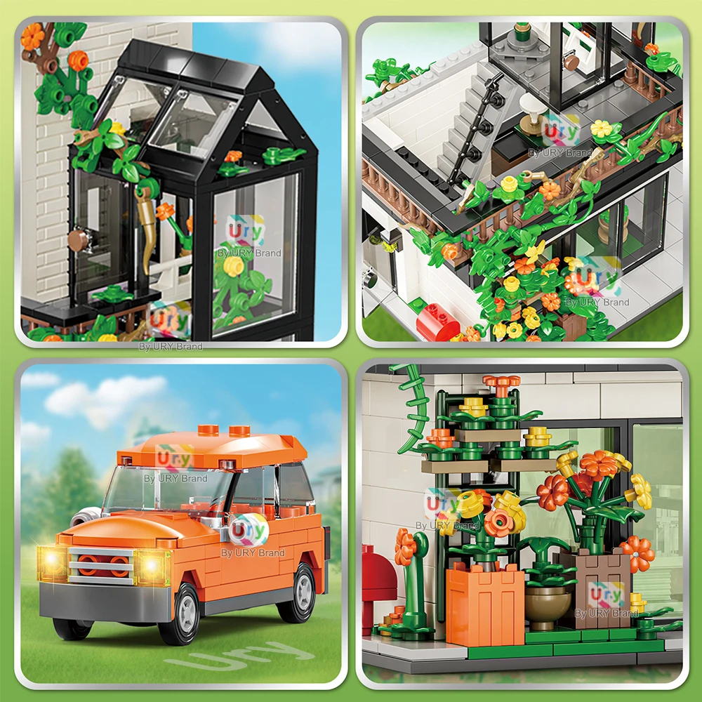 Stadt Street View Modulare Retro Weiß Freistehende Villa Sonnenschein Blumenhaus MOC Architektur Bausteine Sets Spielzeug für Kinder
