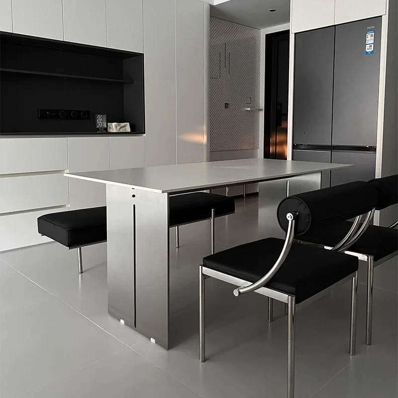 Italian rock slab solid stainless steel dining table household modern simple light luxury rectangular dining table