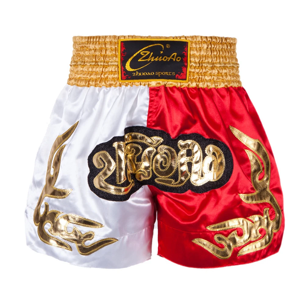 Pantalones cortos estampados para hombre y mujer, Shorts transpirables para Kick Boxing, parches bordados, ropa para Muay Thai, Sanda Grappling