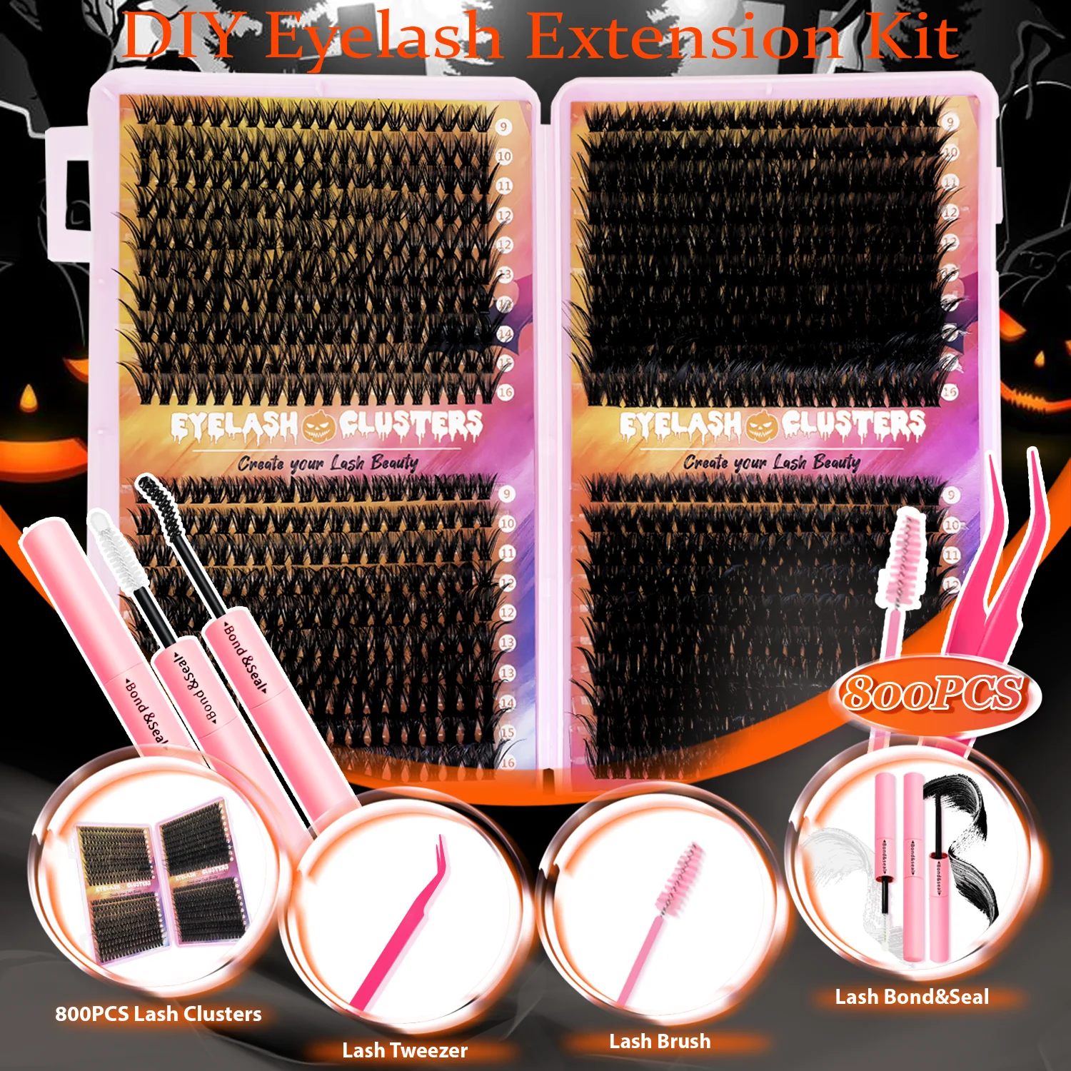 Zestaw do przedłużania rzęs DIY na Halloween, 800/320 kępek, 9-16mm, mieszanka górnych rzęs, 40D-100D z klejem, pędzelkiem, pęsetą i narzędziami.