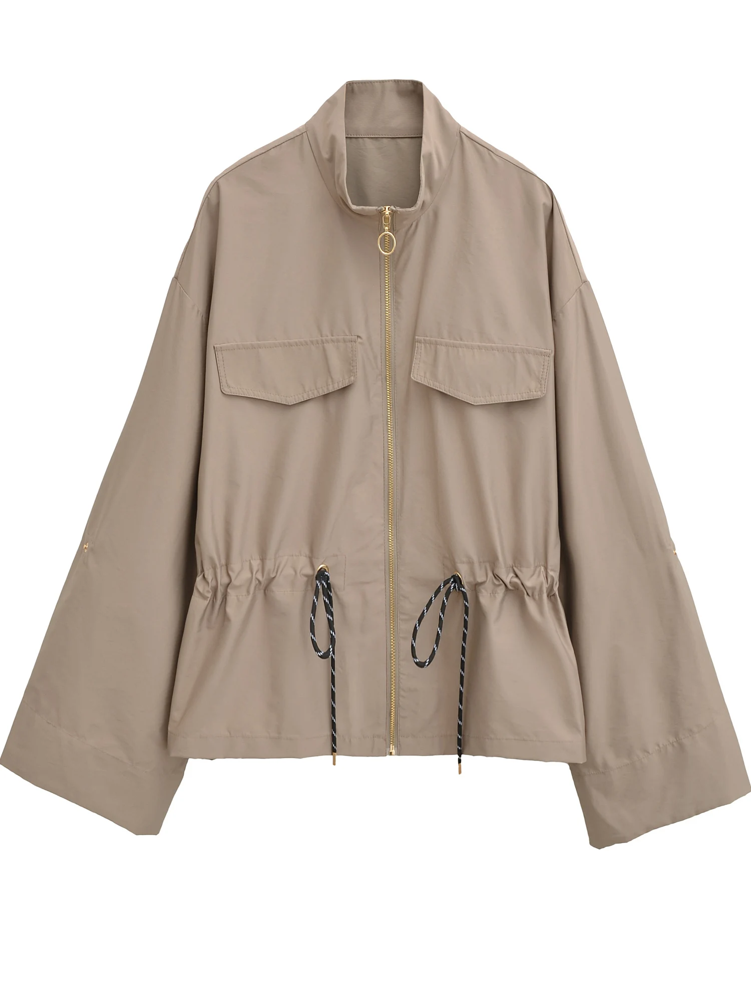 

Свободное женское пальто с воротником-стойкой в стиле ретро, на молнии, повседневное пальто с металлическим ощущением, полиэстер, нейлон, смесь, эффект для похудения