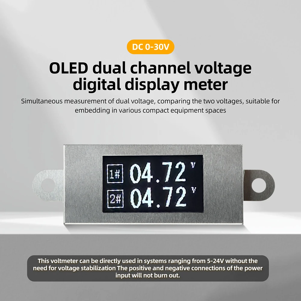  DC 0-30V Dual-Channel Voltmeter 0.77-inch OLED Screen 3/4 Wire High-precision Volt Monitor Meter with Stainless Steel Shell