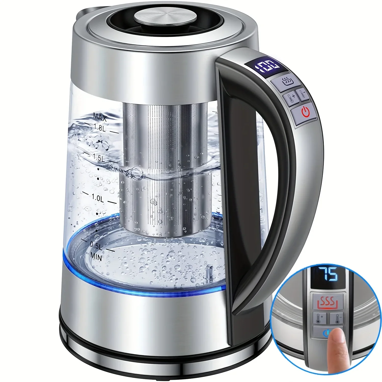 1.8L Electric Kettle with 12 Temperature Settings and 24 Hour Insulation - Stainless Steel Strainer