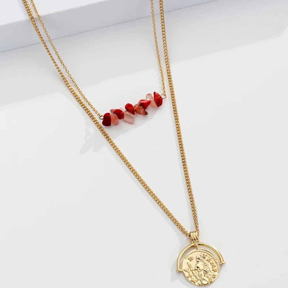 

Red Coral Stone Patchwork Crystal Stone Roman Relief Coin Pendant Double-Layer Necklace Design Antique Coin Round Card Retro