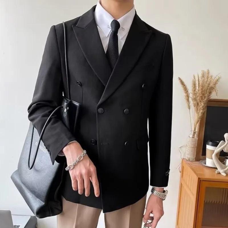 Blazers Men Double Breasted Korean Fashion Handsome Slim Smart Casual Office Business Outwear Mens Clothing Coats Designed Ins