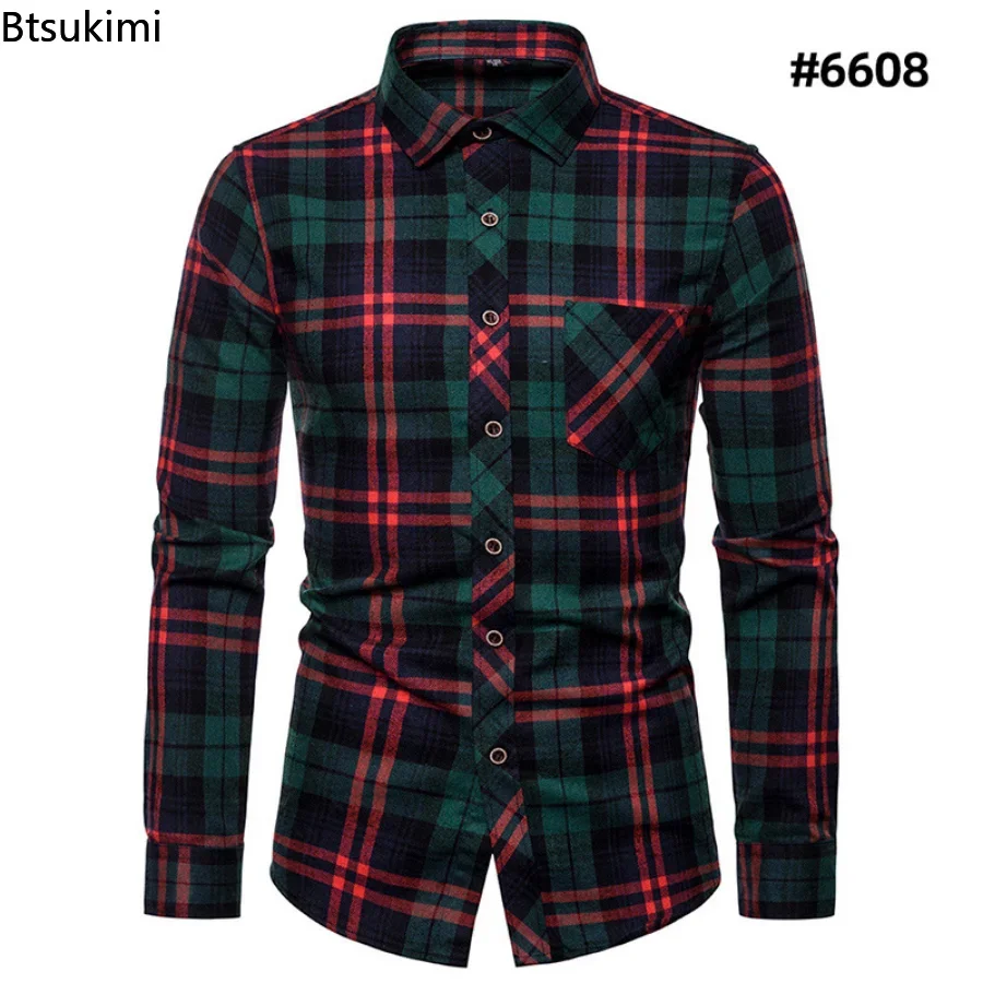 New 2024 Men\'s Harajuku Plaid Shirts 100% Cotton Pocket Long Sleeve Male Slim Fit Blouses High Quality Casual Checked Shirt Men