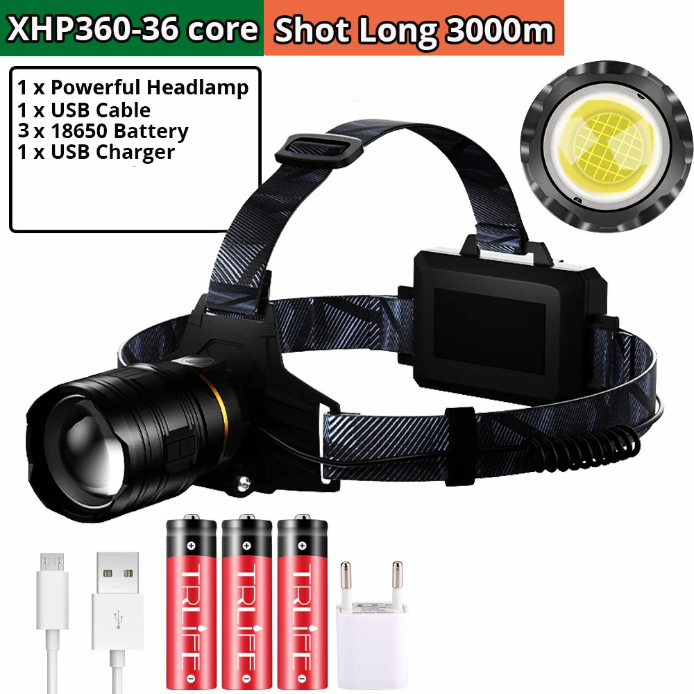 Mais brilhante XHP360-36CORE farol usb recarregável à prova dwaterproof água lanterna de acampamento zoomable cabeça lâmpada luz pesca use18650 battey