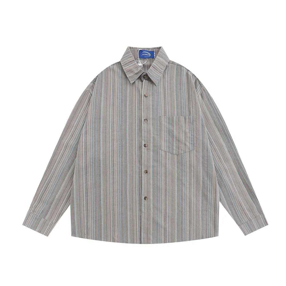 Camicia casual ampia da uomo a maniche lunghe a righe verticali primaverili e autunnali