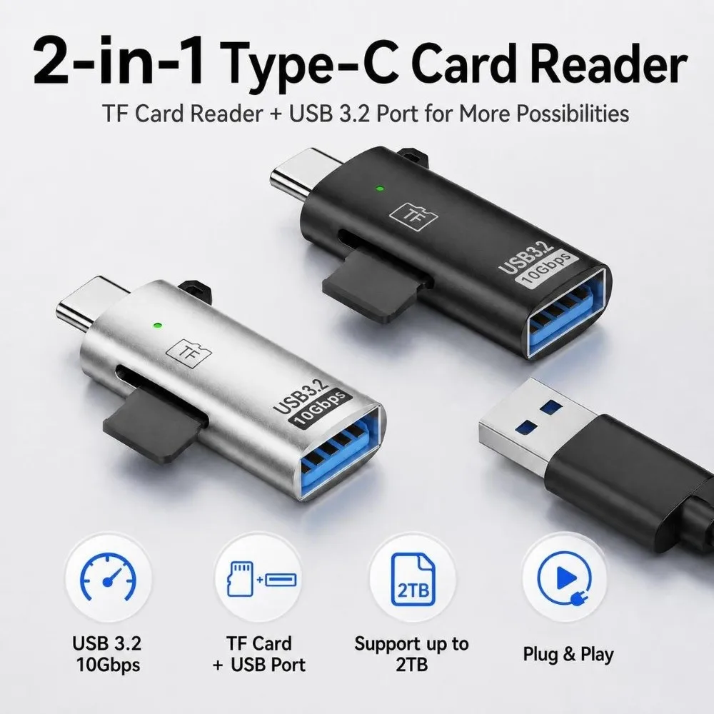 2-in-1 Type-C Card Reader USB 3.2 Support 2TB Capacity TF Card Reader LED Indicator 10Gbps for Micro SD Reader USB Devices