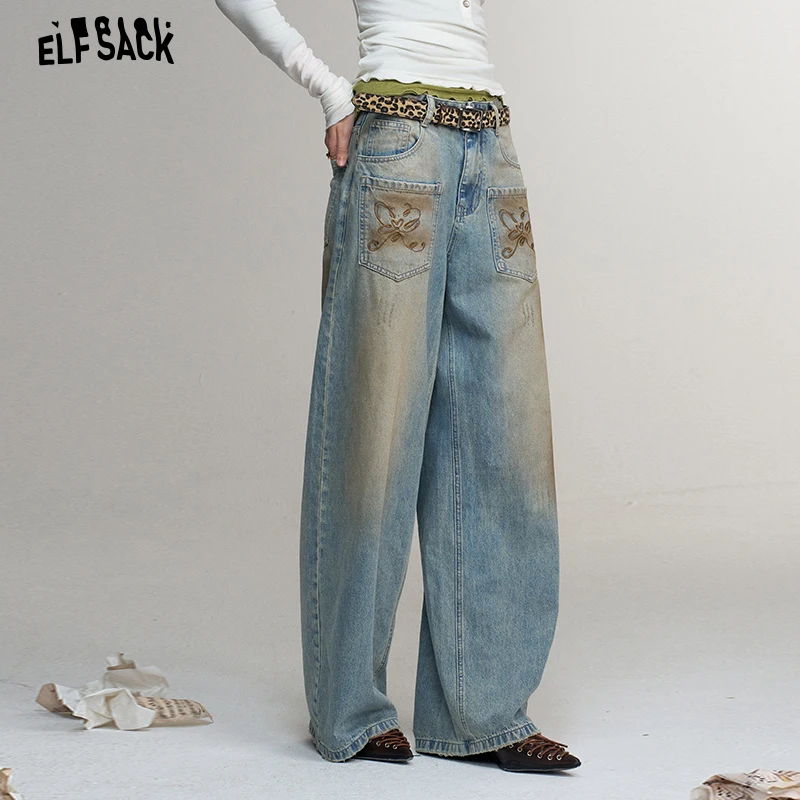 ELFSACK Women's Vintage Loose Jeans with Embroidered Pockets, Casual Wide Leg Trousers for Everyday Wear