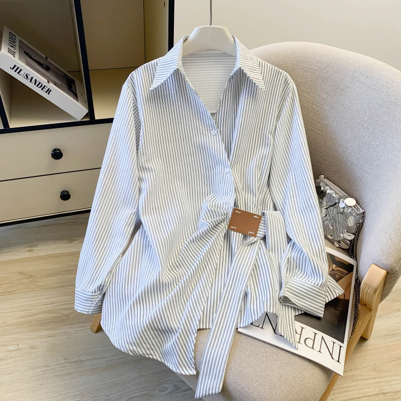 

Свободная женская рубашка с длинным рукавом в синюю полоску, весенне-осенний приталенный топ в корейском стиле, повседневный кардиган для работы
