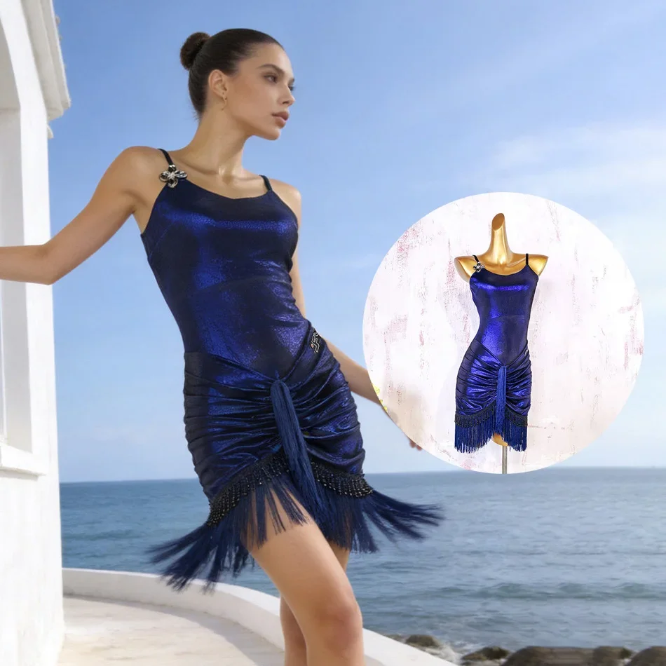 

Striped Sleeveless Tassel Design Latin Dance Dress Female Ballroom Dance Clothing Waltz Dress Latin Dance Suit ADL304