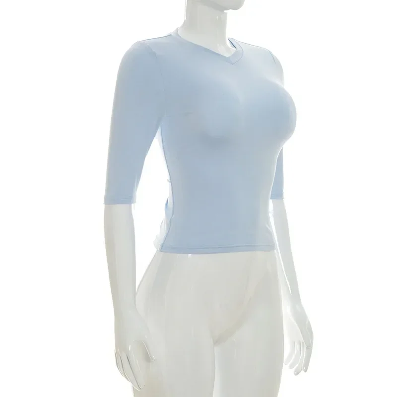 Schlankes V-Ausschnitt T-Shirt für Damen mit Ellbogenärmeln, Vintage Casual Basic Crop Top, Street Bodycon Y2K Ästhetik Commute T-Shirt 2026 – Detail 5