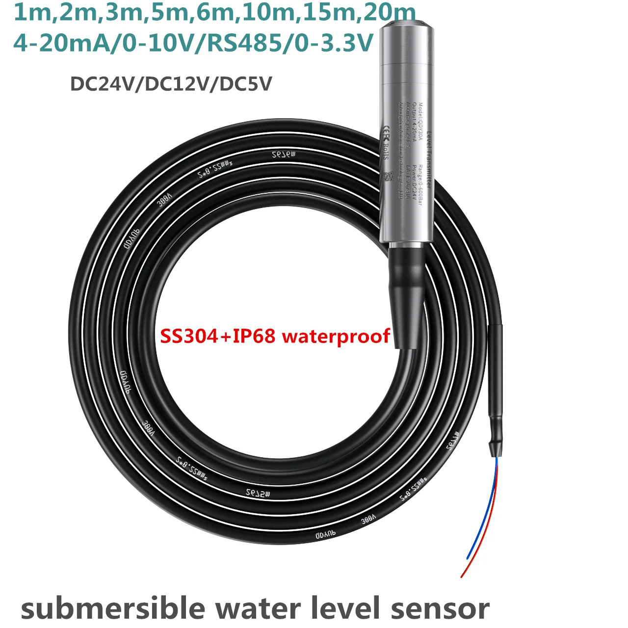 submersible Liquid Sensor 4-20mA 0-10V 5m 10m 15m 20m Transducer 0-3.3V Hydrostatic Level Sensor DC24V DC5V